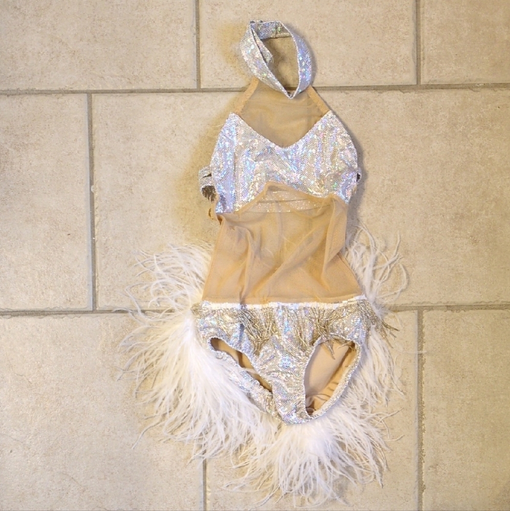 Custom SC Silver Mesh Costume With Feather And Beaded Fringe